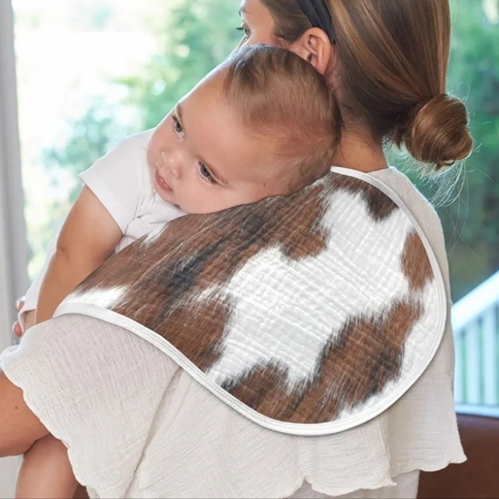 Muslin Soft Baby Burp Cloth White & Brown Cow Print
